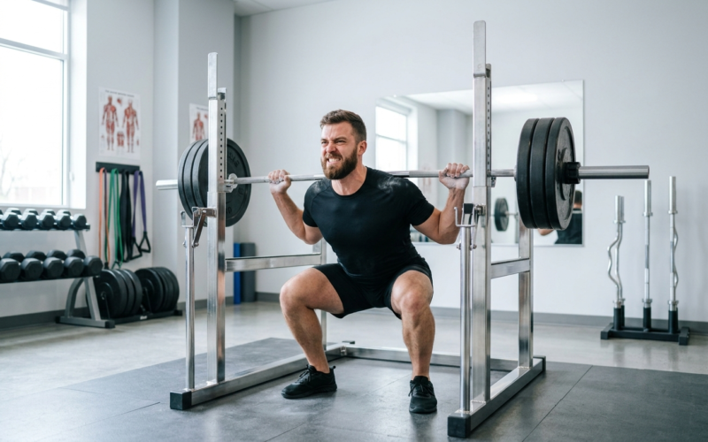 1RM Calculator Person performing a heavy barbell squat in a power rack while testing their maximum single-rep strength
