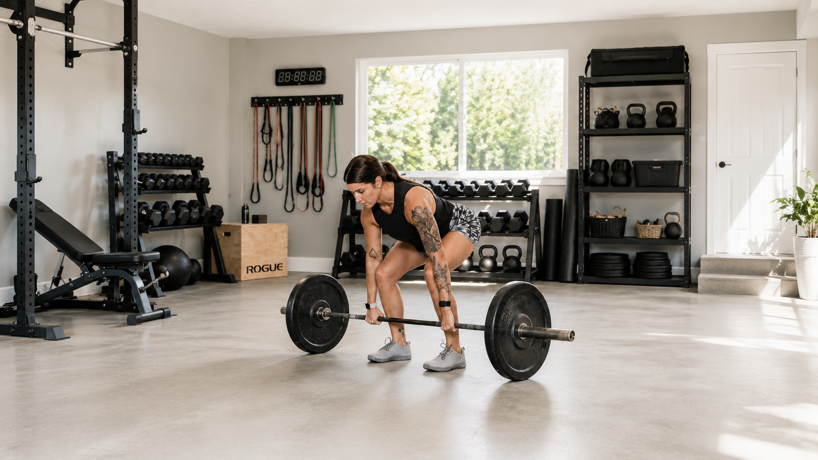 Woman performing deadlift with barbell in fully equipped gym home with storage and training equipment