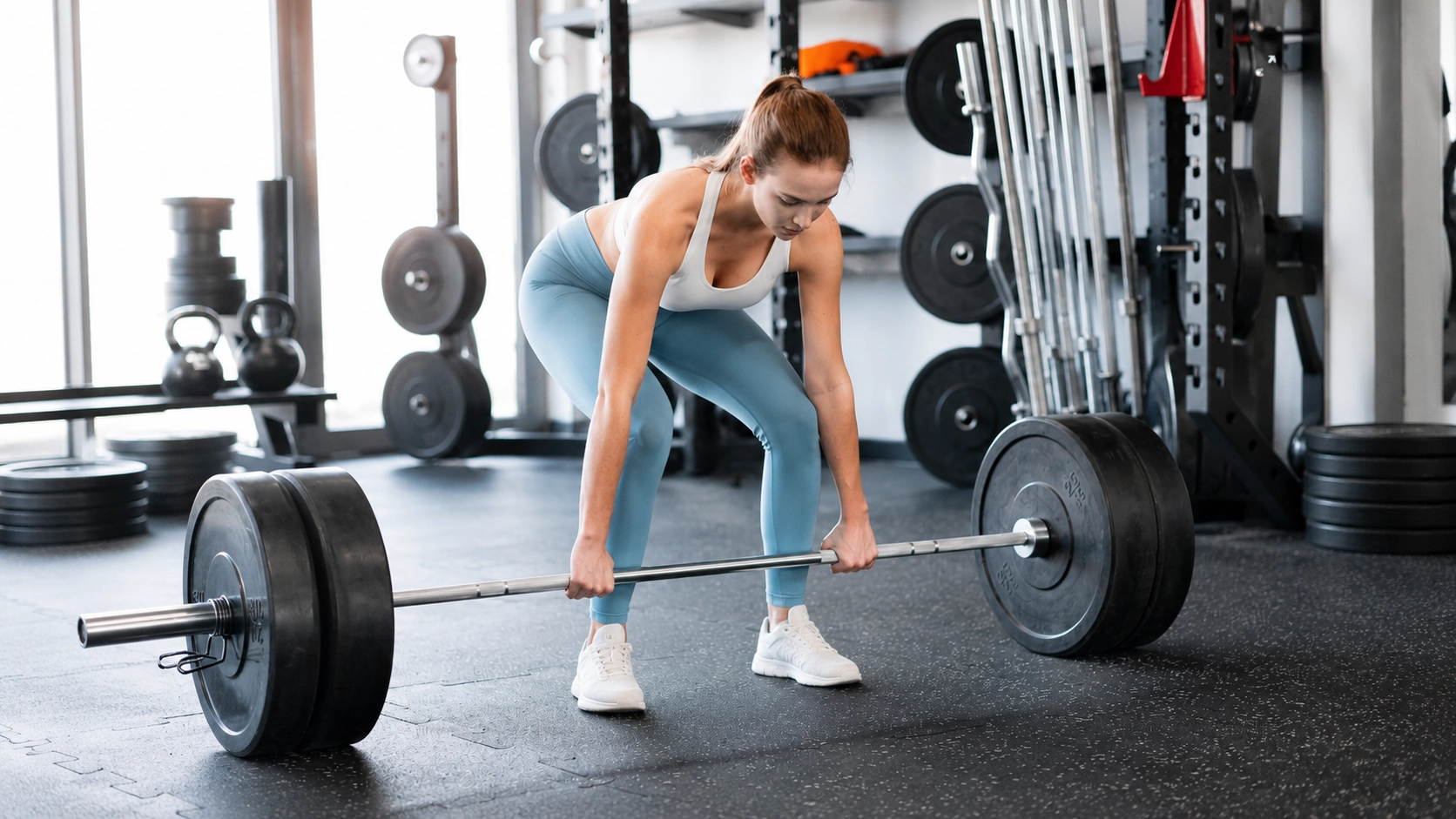 BB Olympic Barbells with Weight Plates under 500 Woman performing deadlift with Olympic barbell and weight plates in equipped gym home