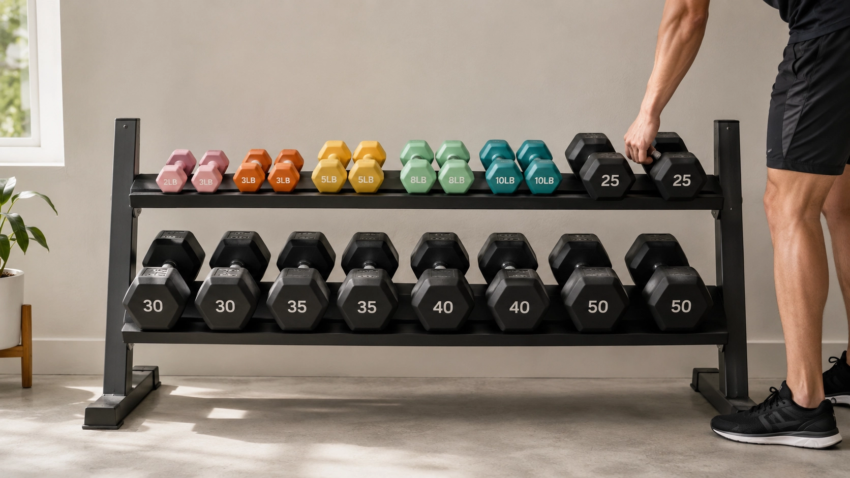 Man selecting a dumbbell from an organized rack with multiple weight options for progressive strength training