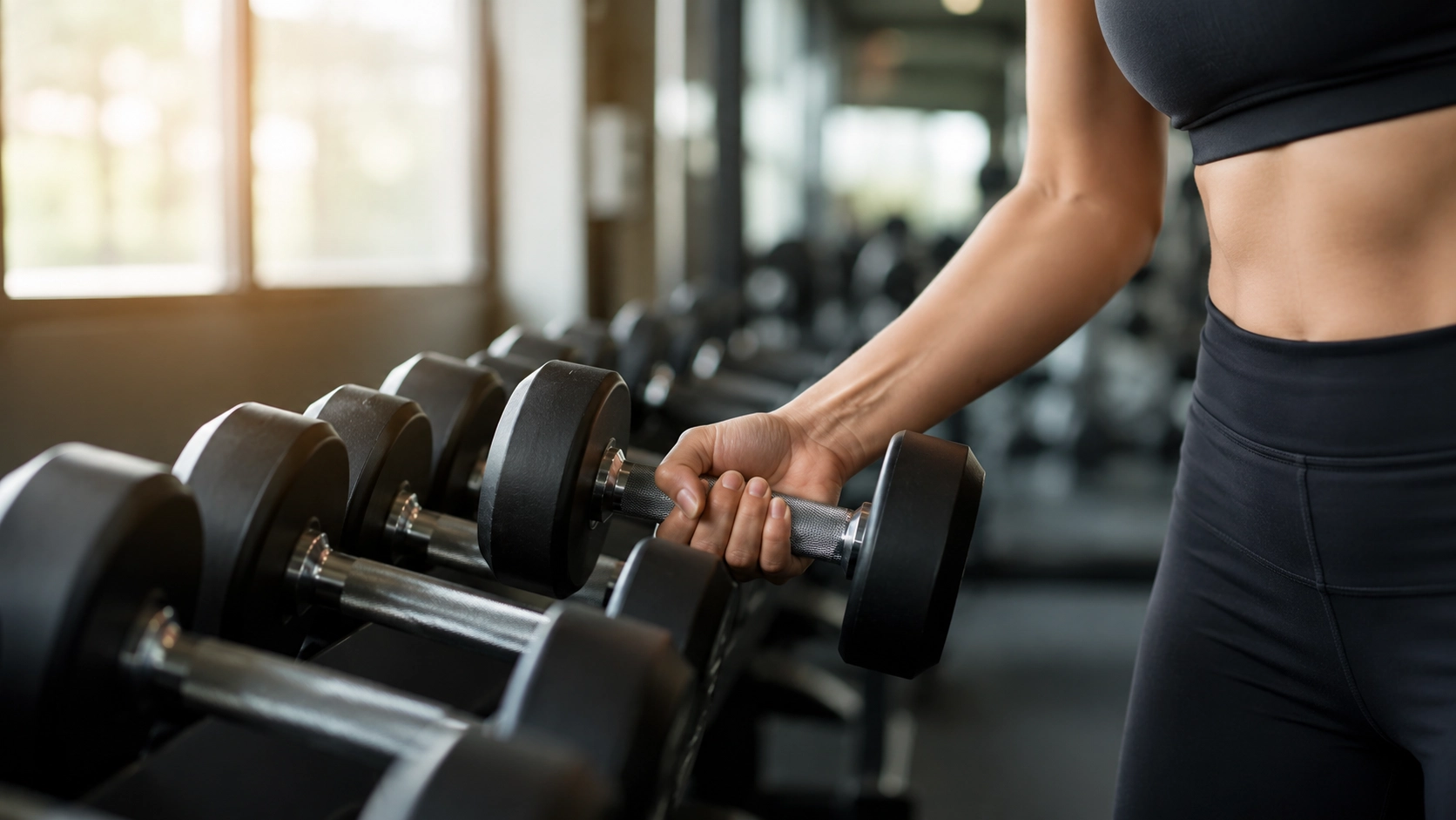 Woman selecting the right dumbbell weight from a rack for proper beginner and advanced training progression