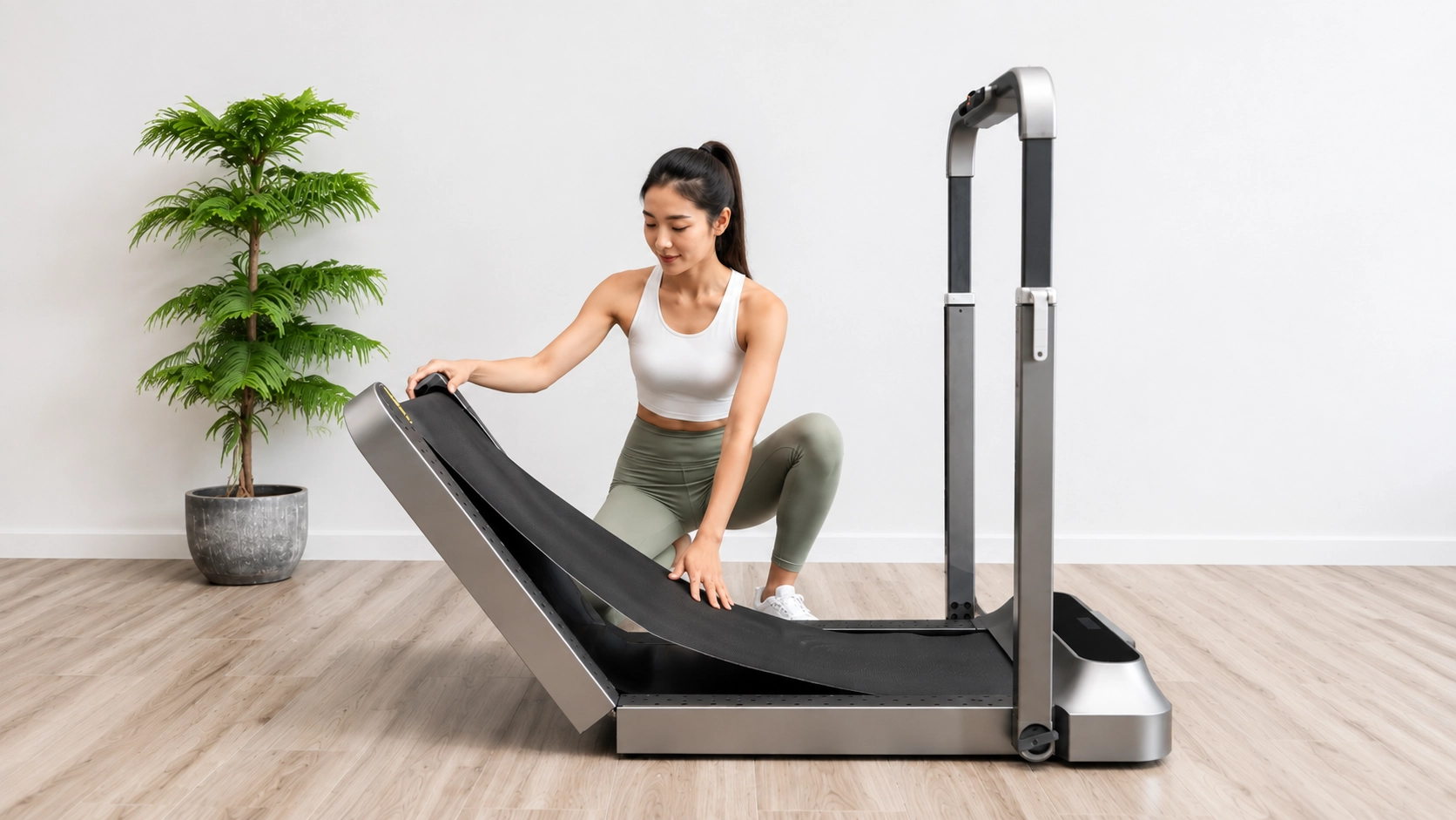 Woman using a folding treadmill in a minimalist living room demonstrating space-saving fitness equipment design
