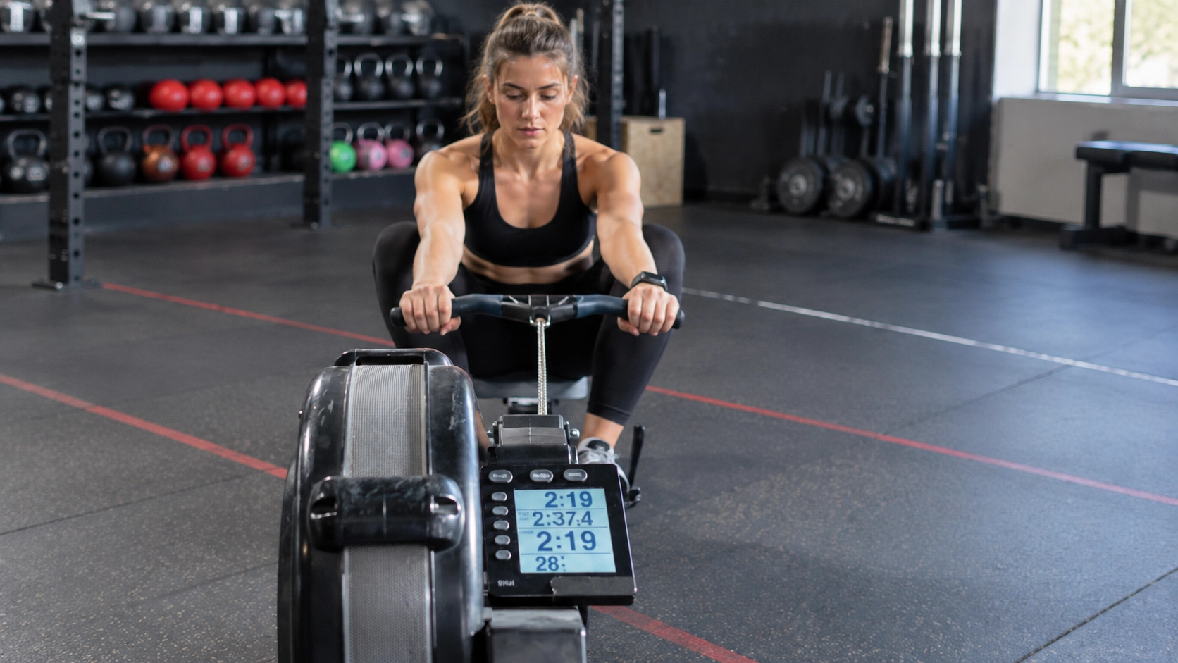 Woman performing rowing machine exercise with performance metrics displayed on digital monitor in a equipped gym space