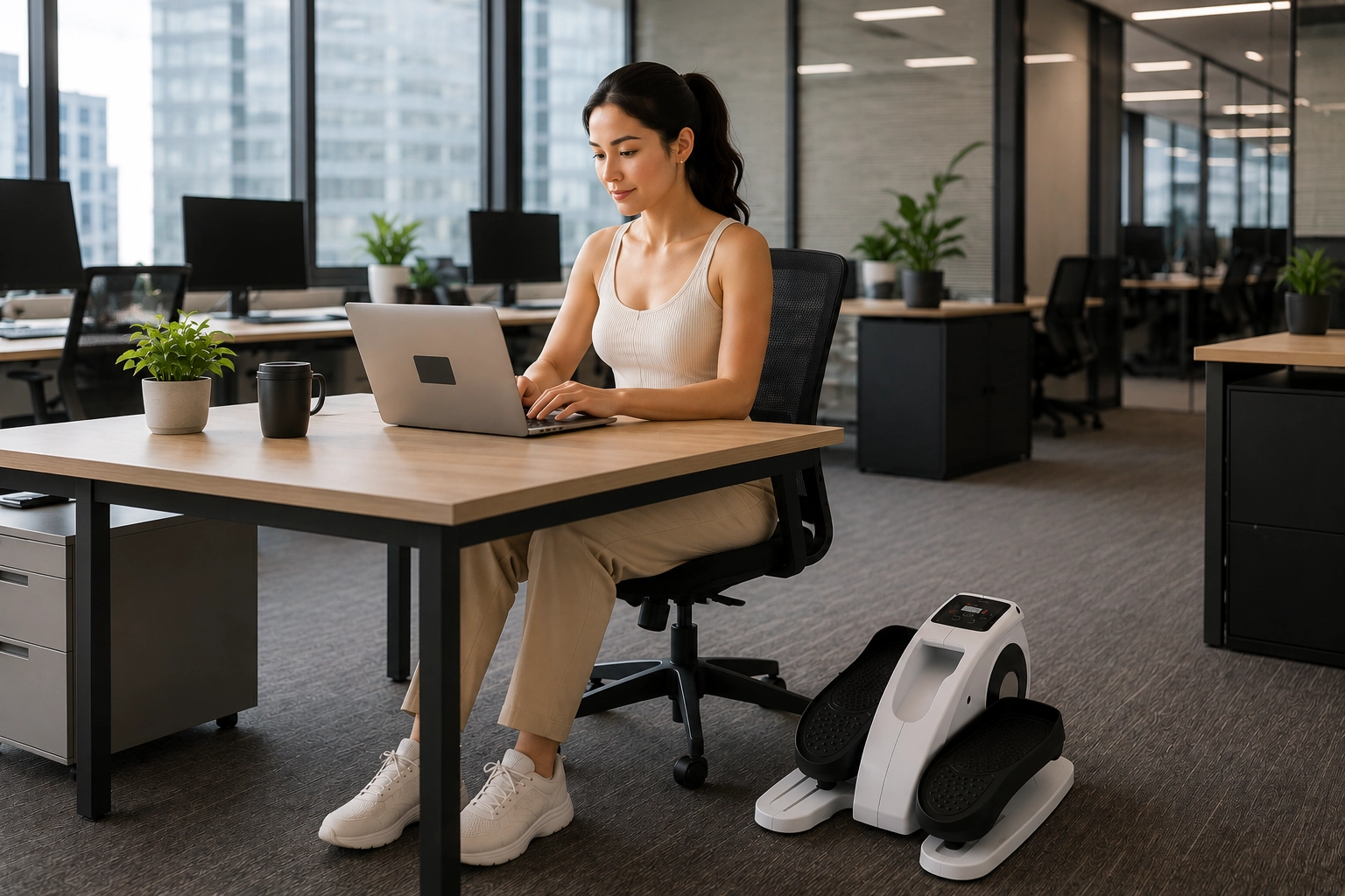 Woman using under desk elliptical while working on laptop in modern office environment
