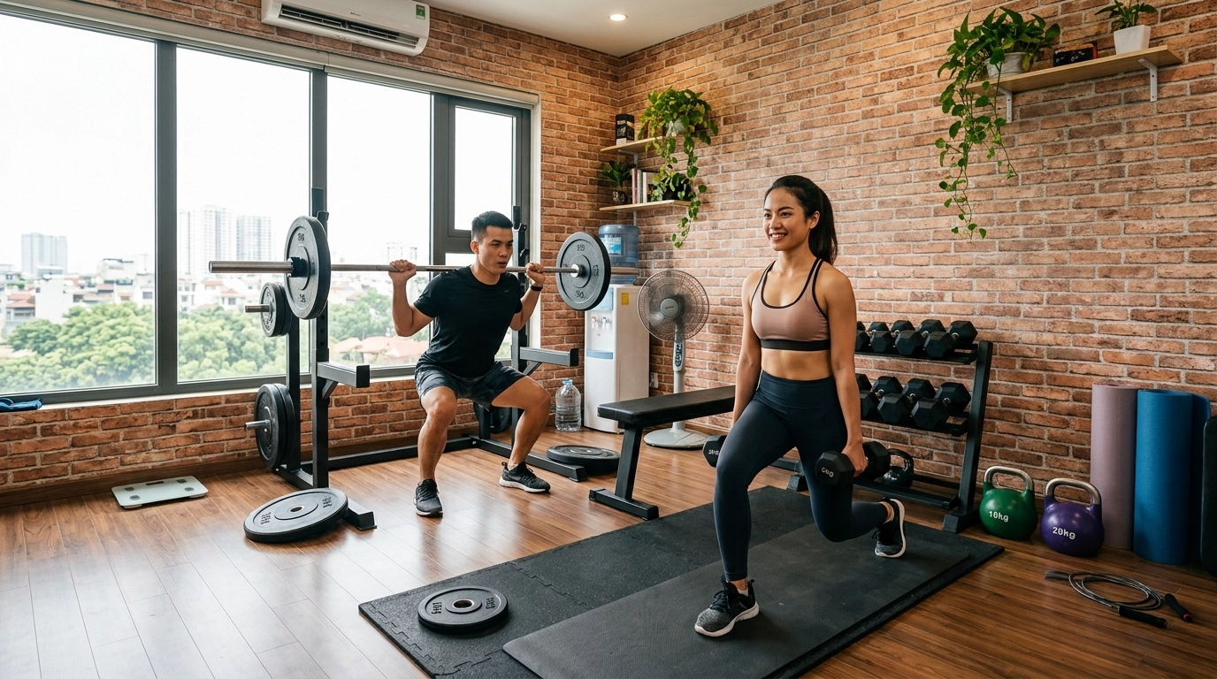 Couple training with kettlebells and barbell in a modern brick apartment gym filled with functional equipment including dumbbells, weight bench, and proper flooring