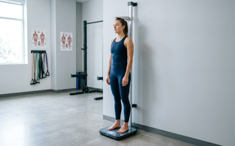 Person measuring both height and weight together for an accurate BMI calculation