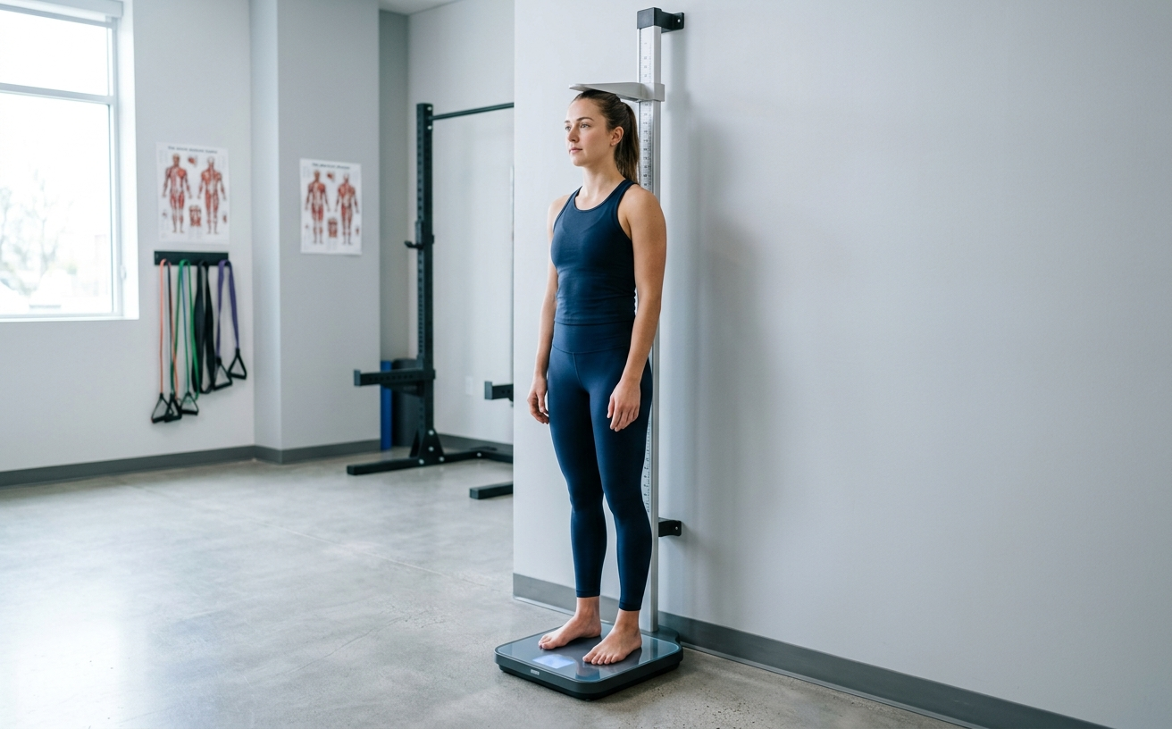 BMI calculator Person measuring both height and weight together for an accurate BMI calculation