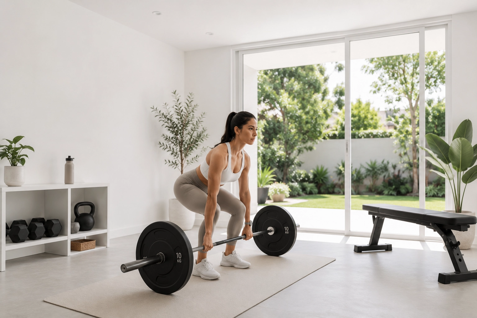 Woman lifting a loaded barbell during a deadlift in a bright home gym