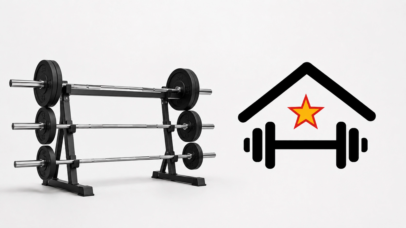 Three loaded barbells with weight plates mounted on sturdy steel storage rack, showcasing progressive resistance options for compound strength training movements