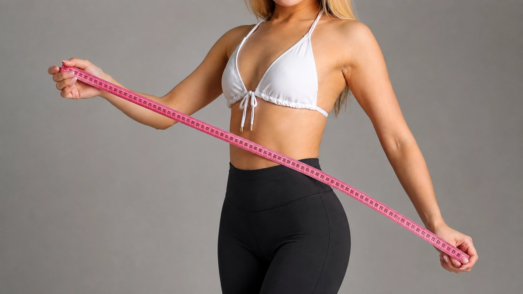 Woman measuring body with a measuring tape for fitness metrics and BMI assessment