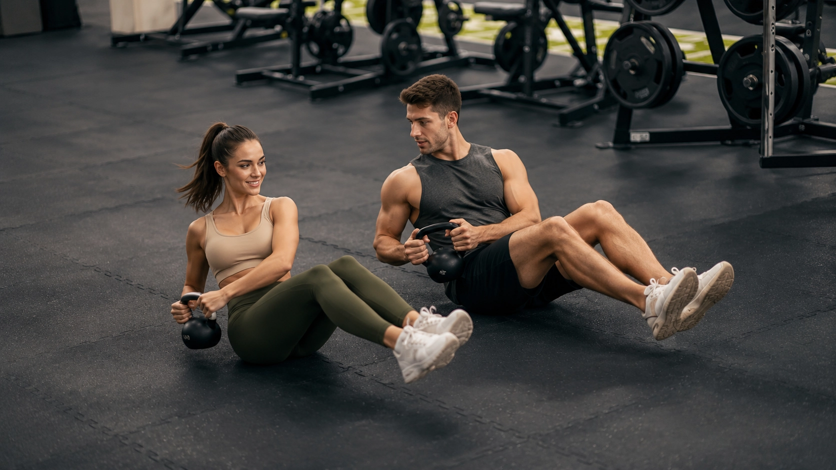 Two people exercising with kettlebells and dumbbells in a gym environment during a training session