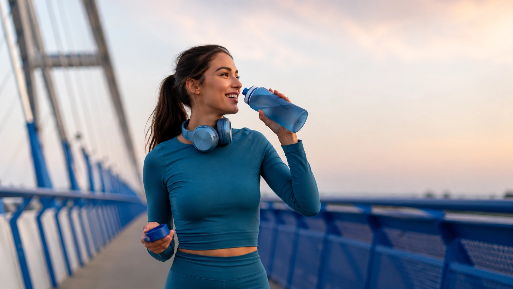 Woman drinking water from a bottle during an outdoor workout session while wearing headphones