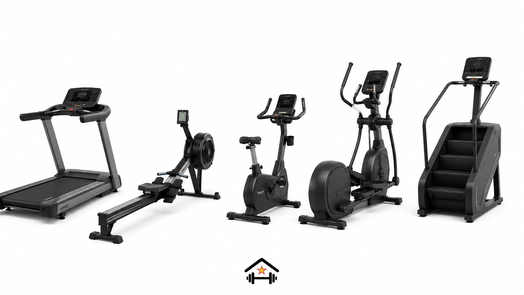 Cardio Machines Complete cardio equipment lineup featuring treadmill, rowing machine, exercise bike, elliptical machine, and stair climber with digital displays for comprehensive cardiovascular training