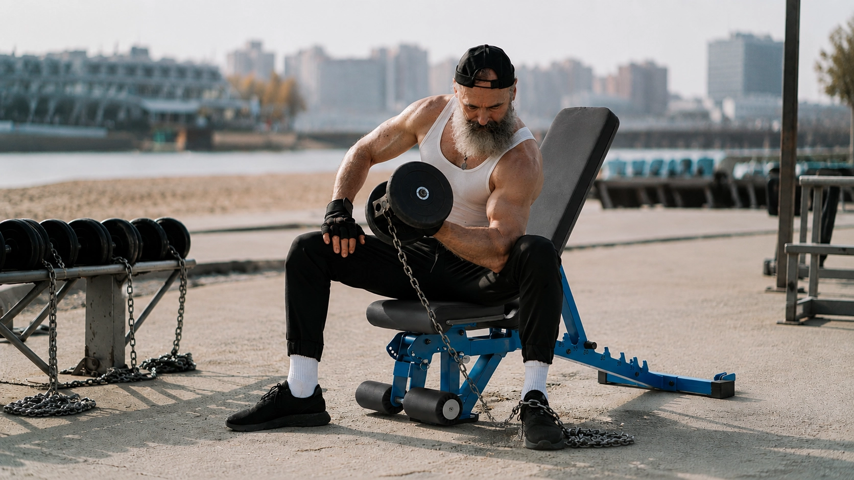 Man performing bicep curl on foldable weight bench in outdoor waterfront setting