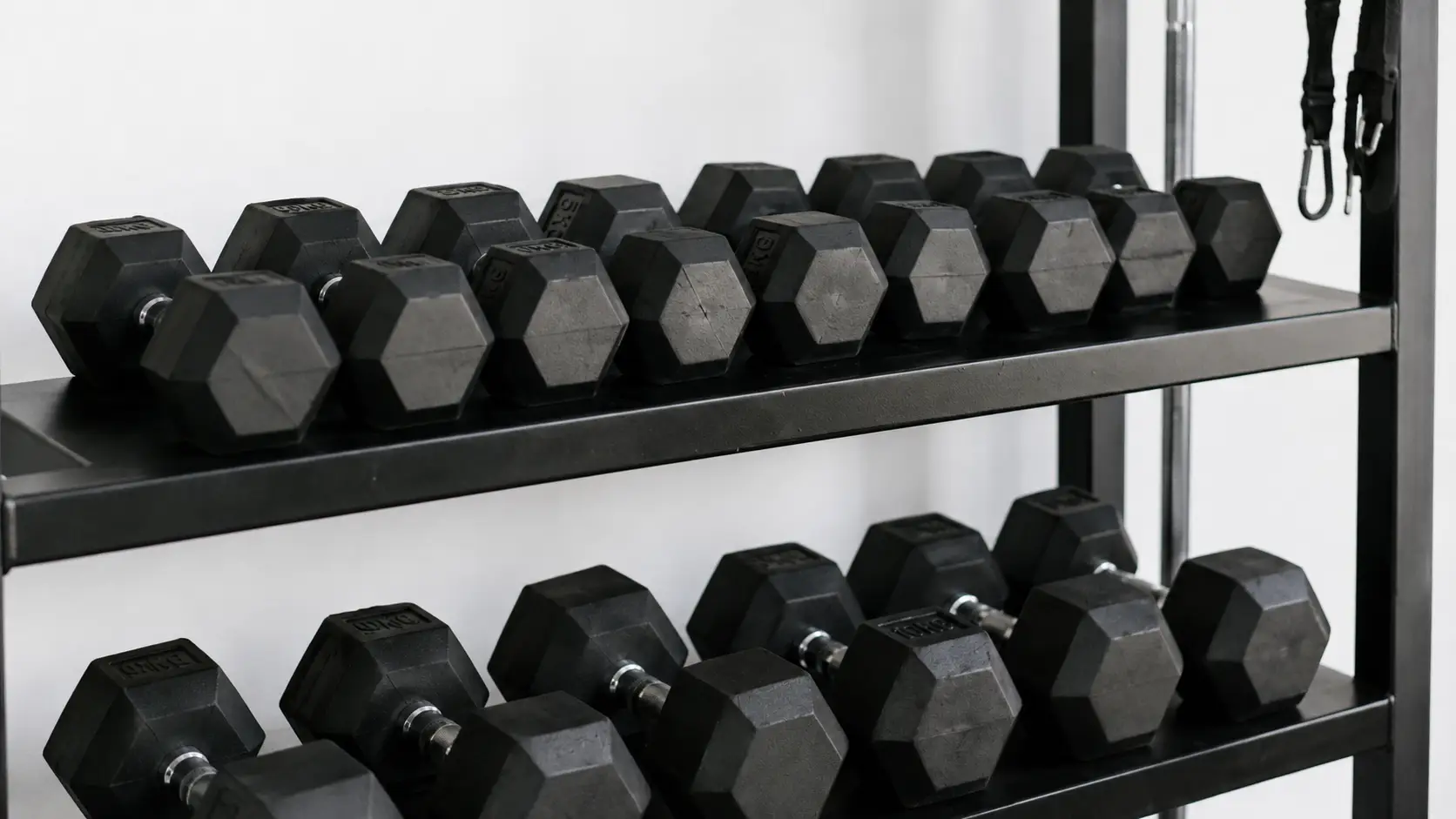 Rows of rubber hex dumbbells organized on black storage rack