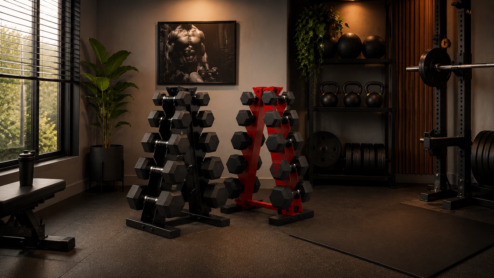 Organized dumbbell racks with hexagonal weights displayed in a modern home gym setup with organized storage