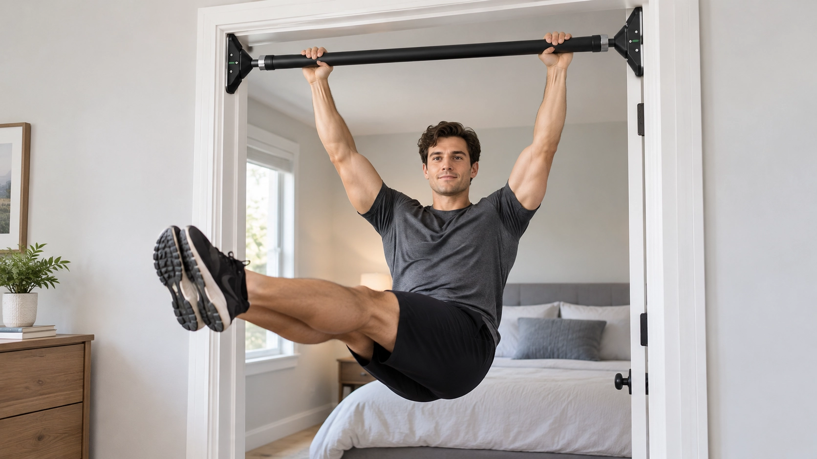 Man performing pull-up on doorway-mounted bar with knee tuck in a bedroom, demonstrating space-saving upper body training