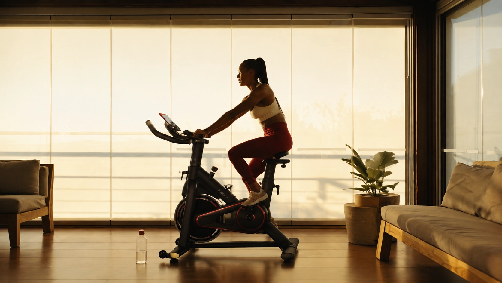 Woman riding low-noise exercise bike in warm living room during sunset workout