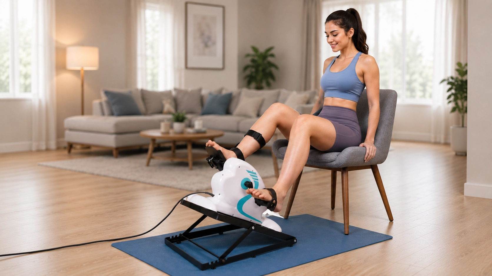 Woman using adaptive seated exercise bike for low-impact leg and cardio workout at home