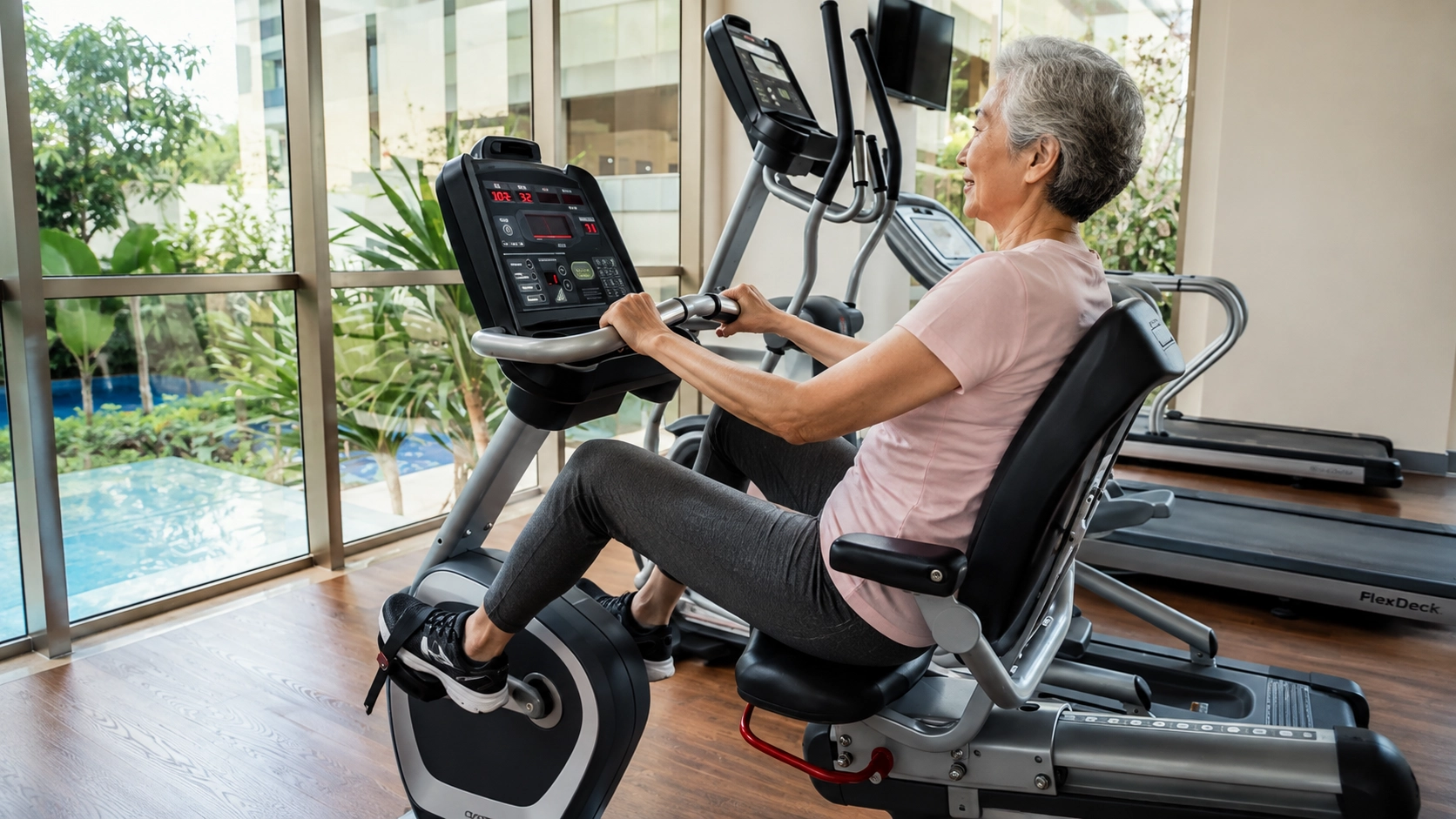 Senior woman exercising on a recumbent exercise bike with ergonomic back support and digital console display