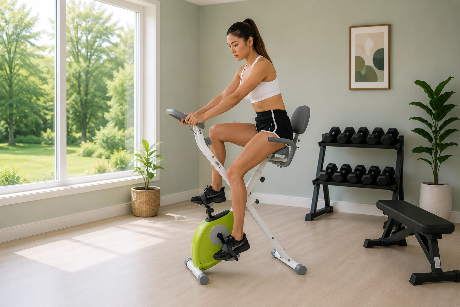 Woman using compact folding exercise bike in bright gym home with dumbbells and weight bench