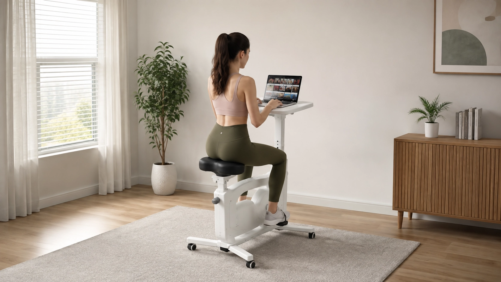 Woman using a compact upright exercise bike with laptop stand in a minimalist apartment setting