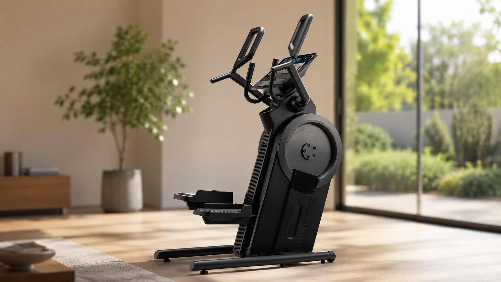 High-performance NordicTrack elliptical machine with digital display in bright home gym near garden view