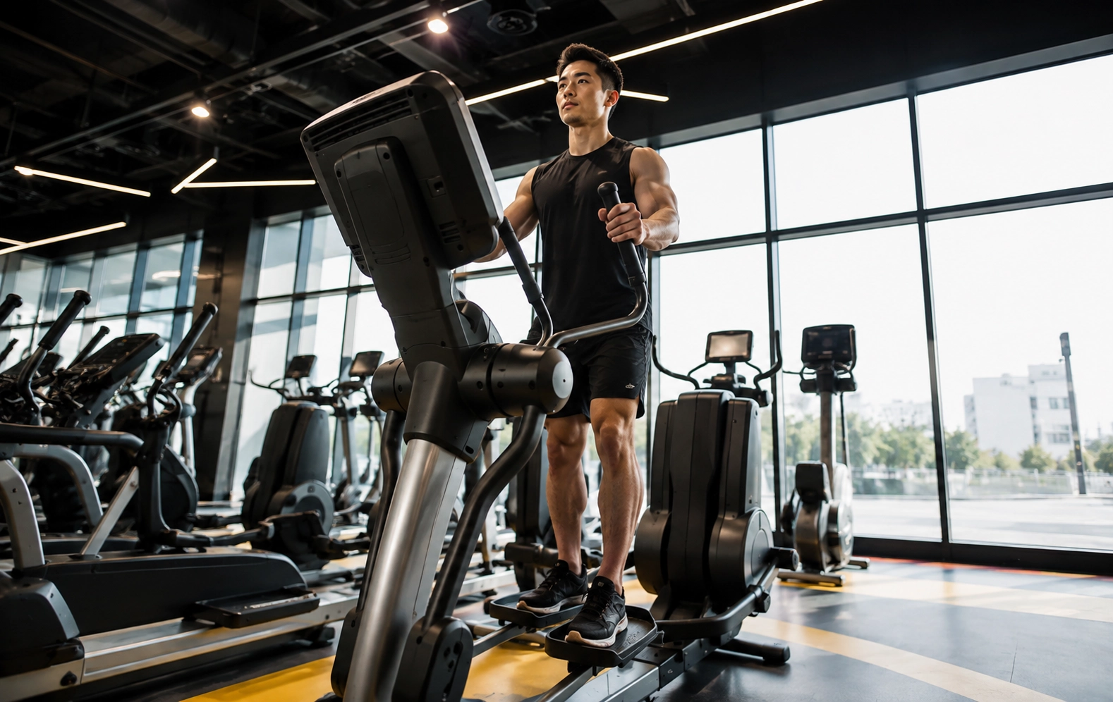 Man exercising on a commercial elliptical machine in a bright modern gym with floor-to-ceiling windows and city views