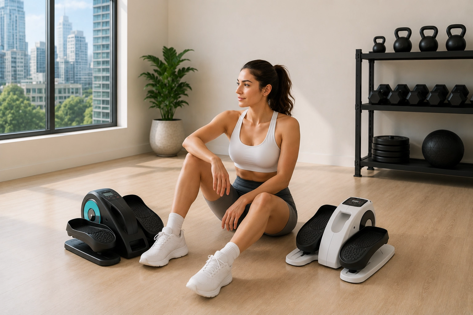 EM under desk Elliptical Machines under 600 Woman using under desk elliptical machines in modern gym home with kettlebells storage