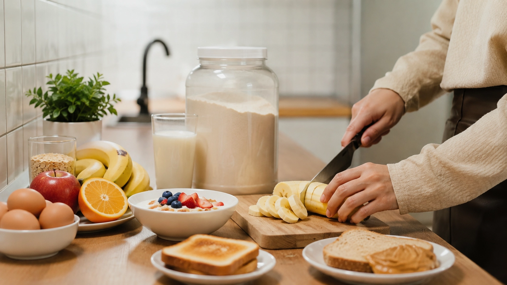 Person preparing healthy breakfast with eggs, bananas, oatmeal, and milk for pre-workout nutrition