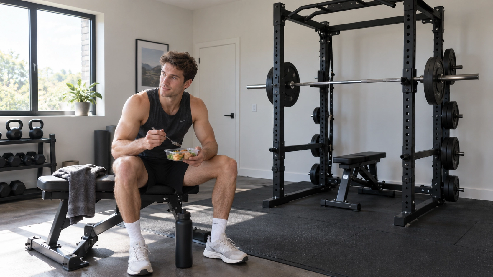 Man eating nutritious meal after workout on weight bench in a fully equipped home gym with power rack and loaded barbell