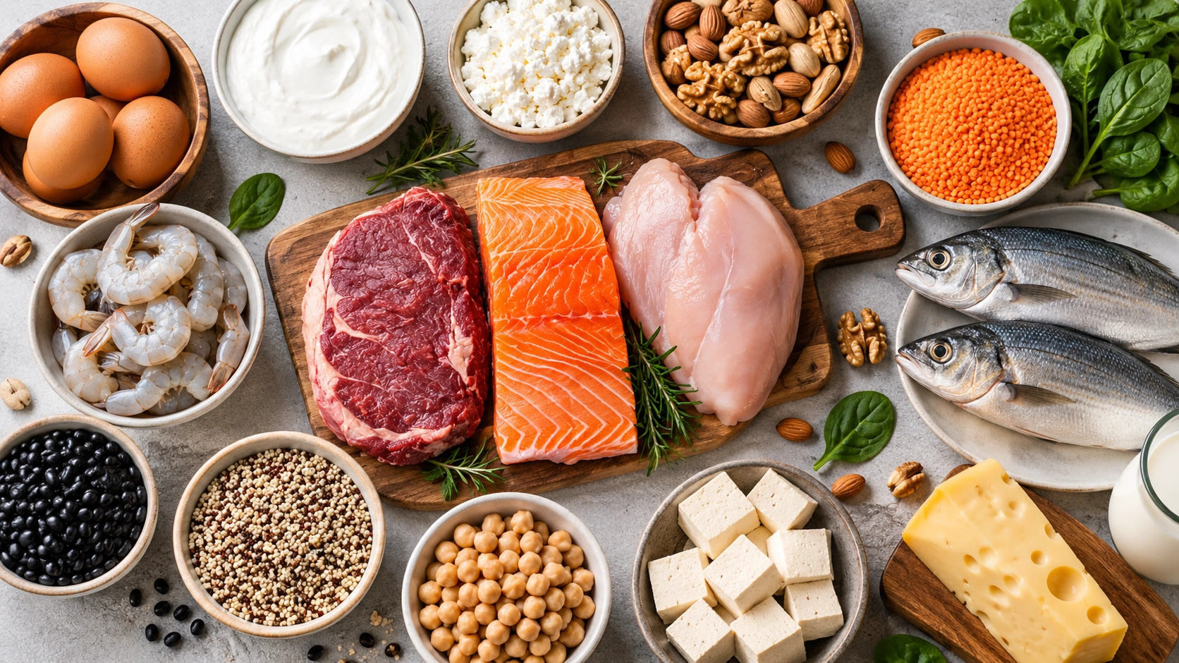 FN Protein Sources Variety of affordable protein sources including eggs, salmon, chicken, beef, fish, shrimp, legumes, nuts, cheese, and tofu displayed on a gray countertop