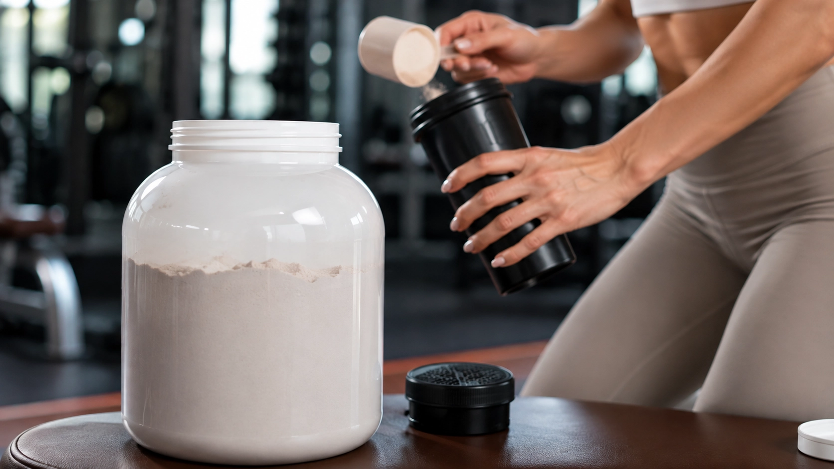 Person preparing a protein shake with powder in a shaker bottle at the gym for post-workout nutrition