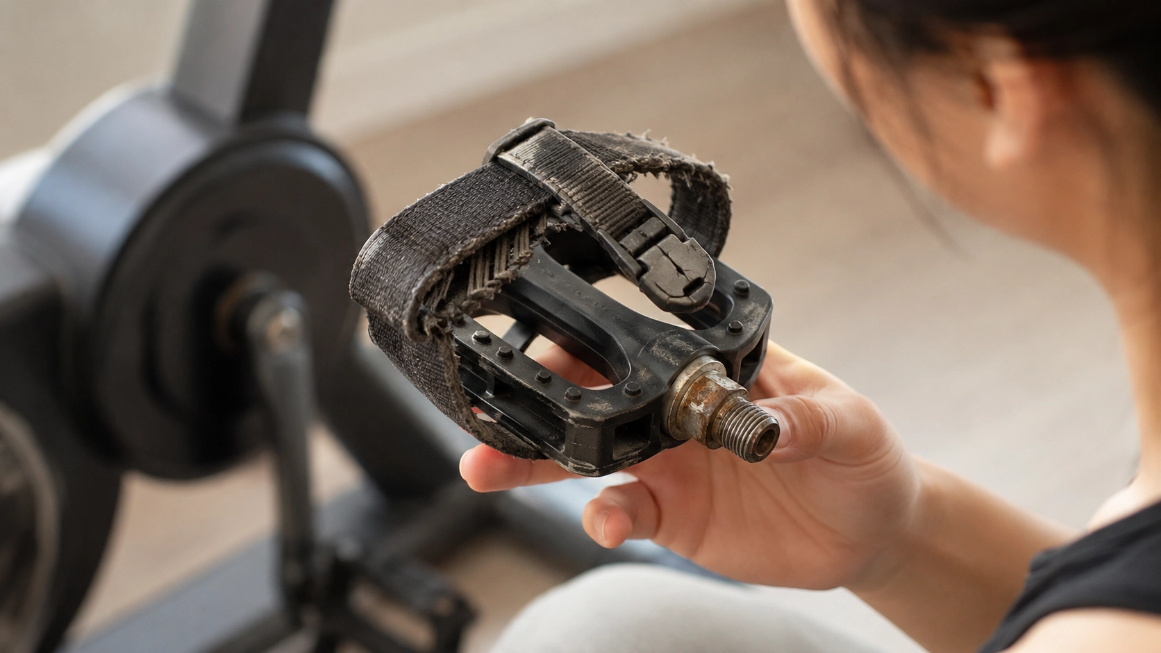 Worn exercise bike pedal with frayed strap showing signs of wear and damage from regular cycling use