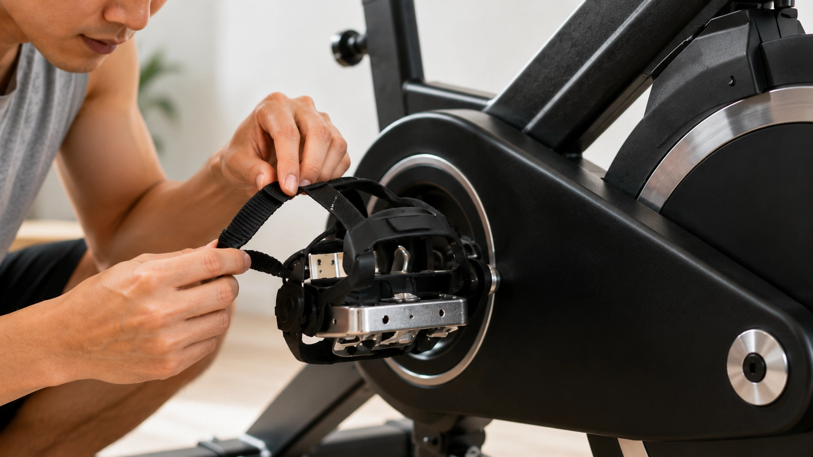 Person inspecting and maintaining exercise bike pedal straps for proper function and safety