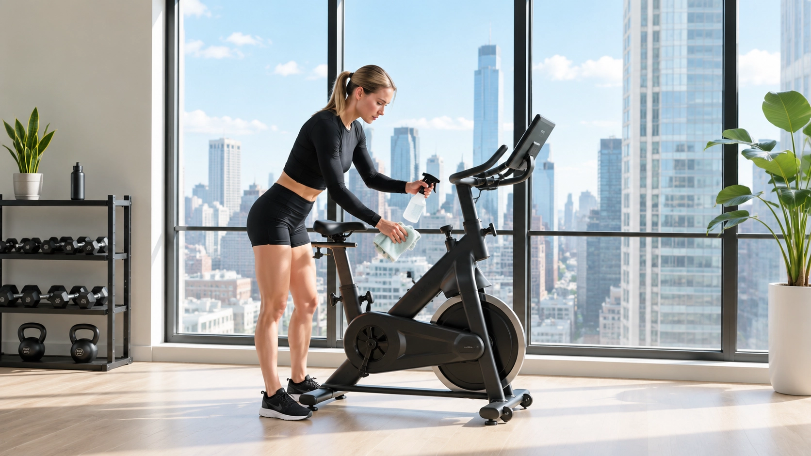 GC Exercise Bike Resistance Maintenance Woman maintaining spin bike resistance system in modern luxury gym home with skyline view