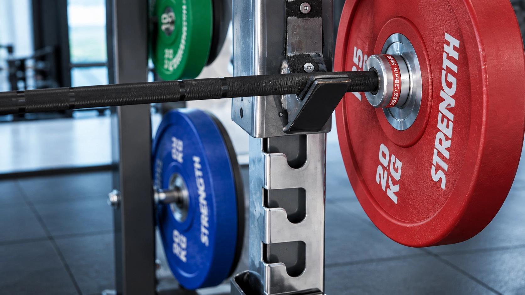 Male and female athletes performing controlled squat movements with proper form in a modern home gym equipped with stability ball, dumbbells, and cardio machines