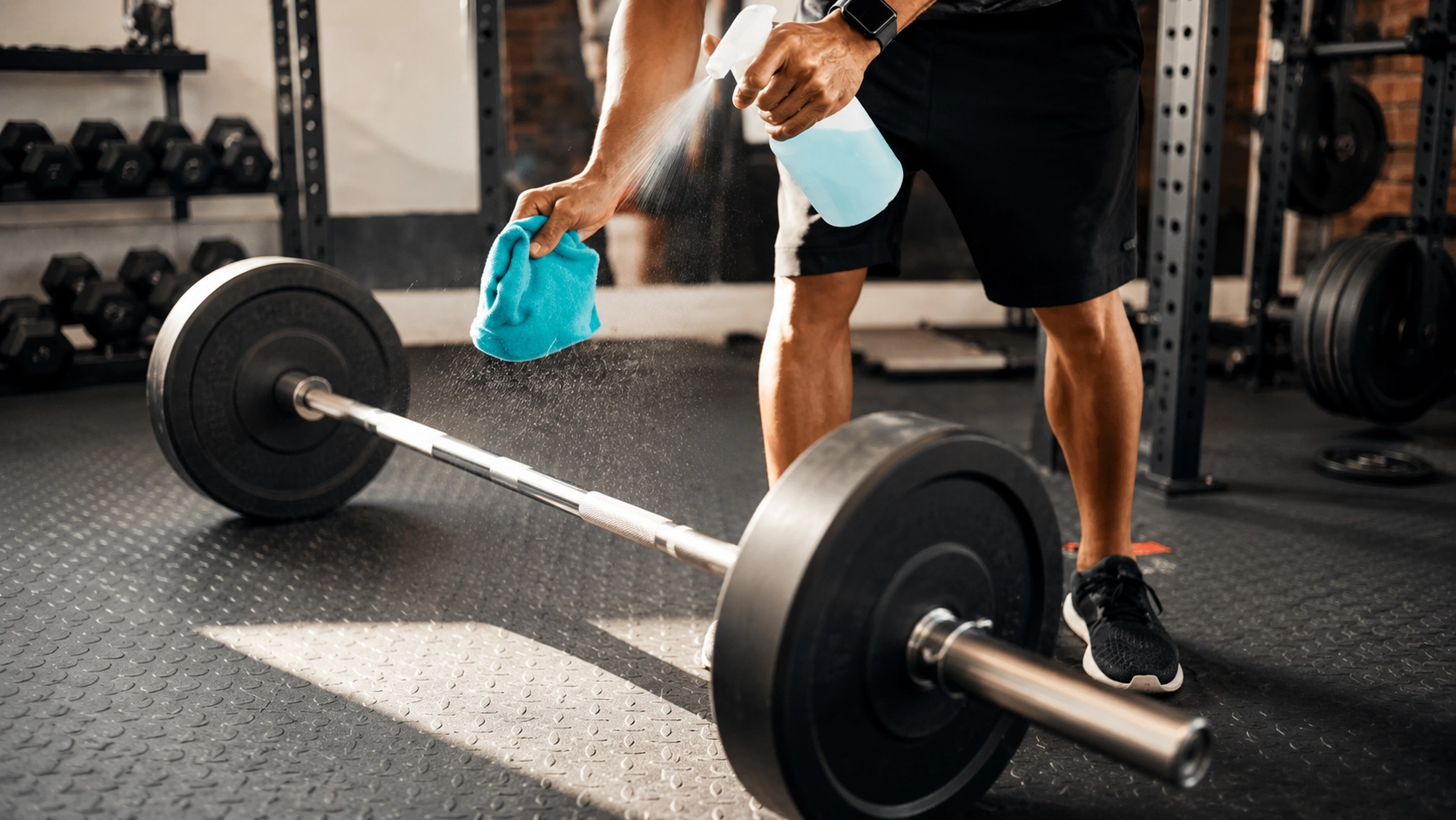 Man cleaning and maintaining a barbell with cleaning spray and cloth to prevent squeaky joints and noise