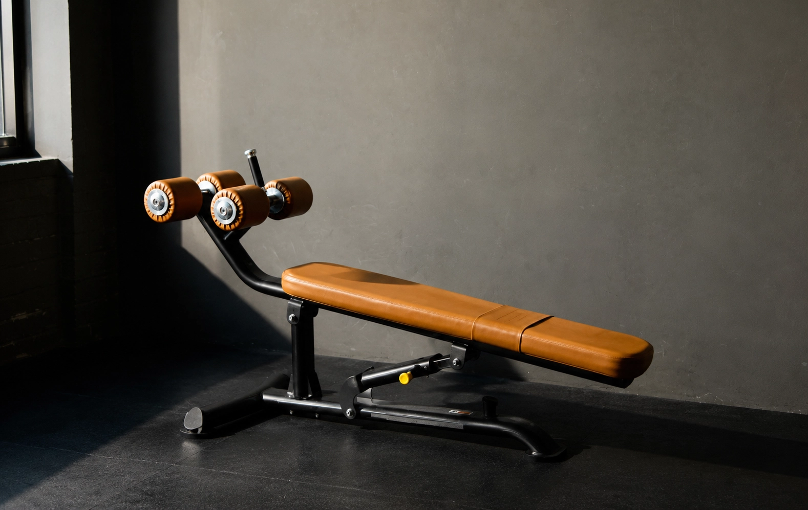 GC Store a WB Foldable weight bench with adjustable dumbbells in a modern gym space designed for compact storage and space efficiency