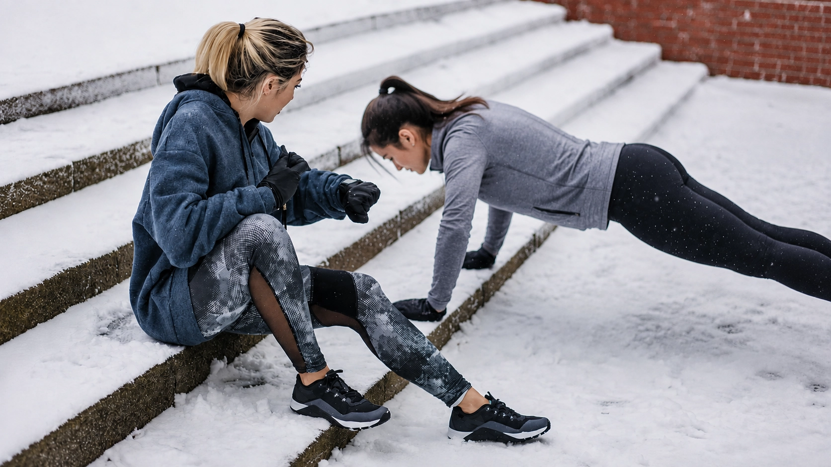 GC for winter People exercising outdoors on snowy steps during cold winter weather conditions