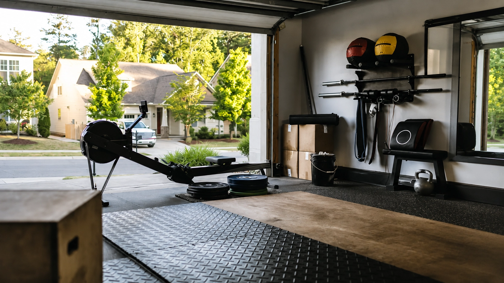 GC yearly Maintenance Schedule Well-organized garage gym with rowing machine, weights, and wall-mounted equipment storage