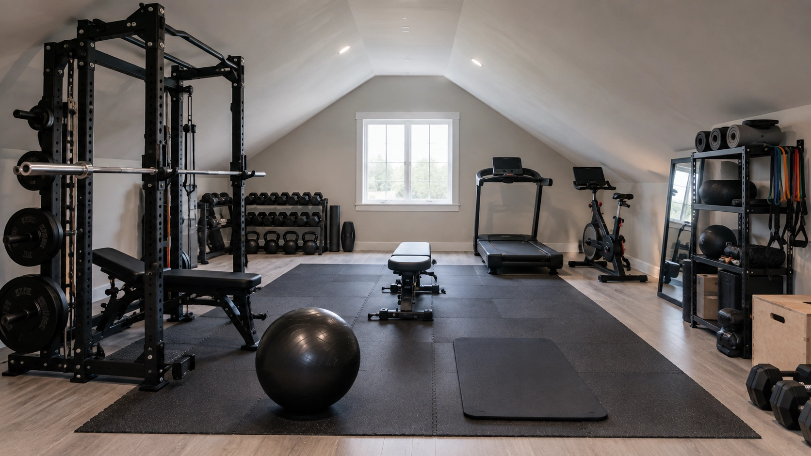 GD Awkward Attic Fully equipped attic gym featuring power rack, weight bench, treadmill, exercise bike, dumbbell rack, and stability ball with optimized lighting and flooring setup
