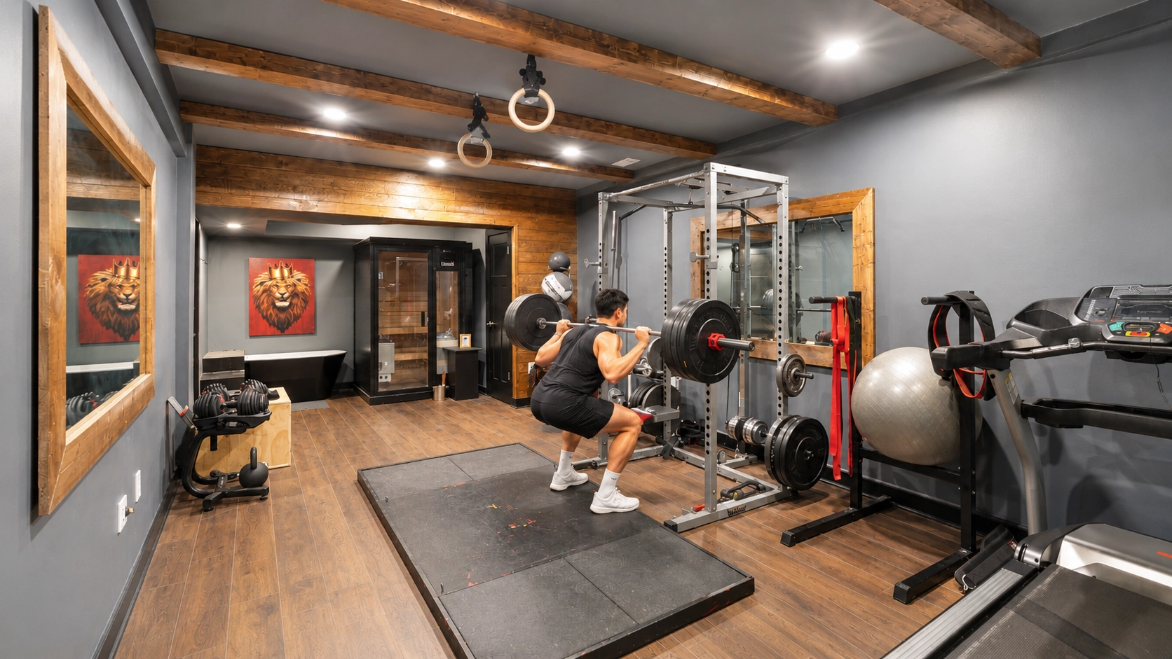 Man performing a barbell squat in a professionally designed basement gym with power rack, dumbbells, and cardio equipment
