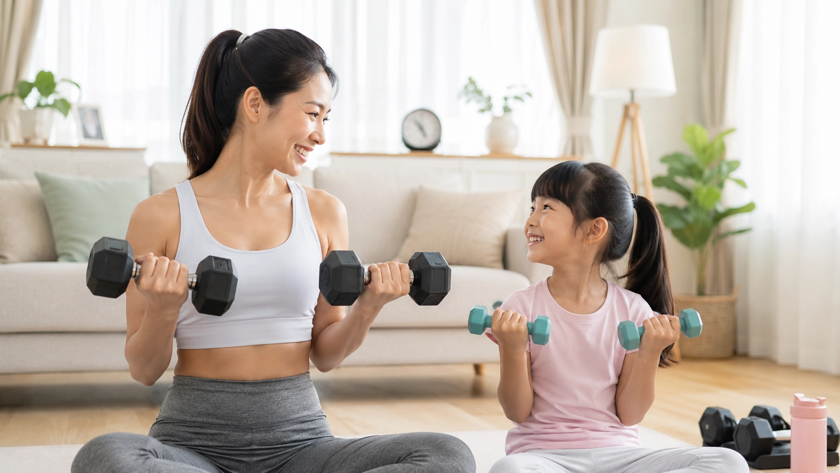 Mother and daughter exercising together with dumbbells in a bright, minimalist living room gym setup