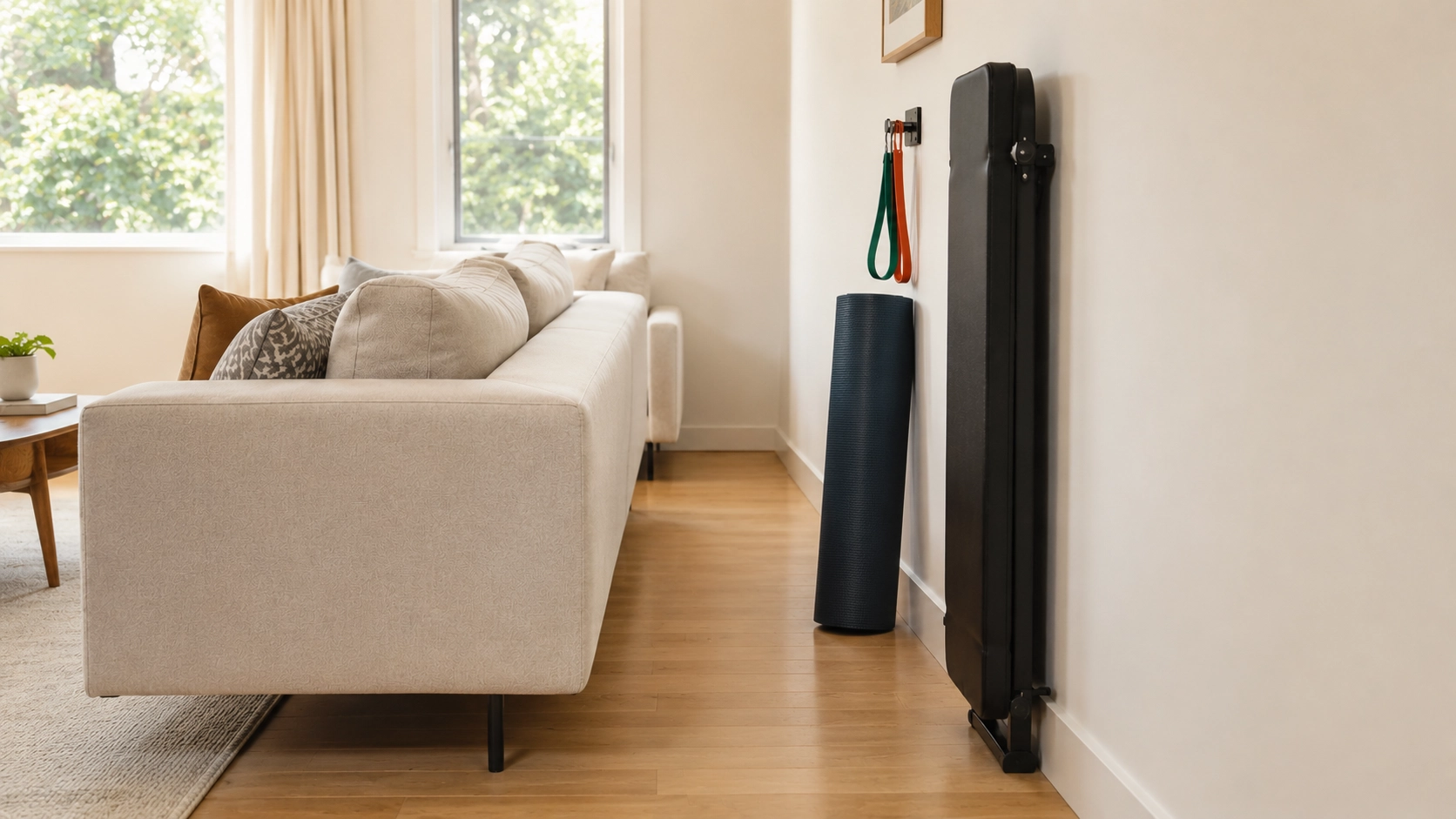 Minimalist living room with cream sofa and compact fitness equipment storage on the side for space-efficient gym setup