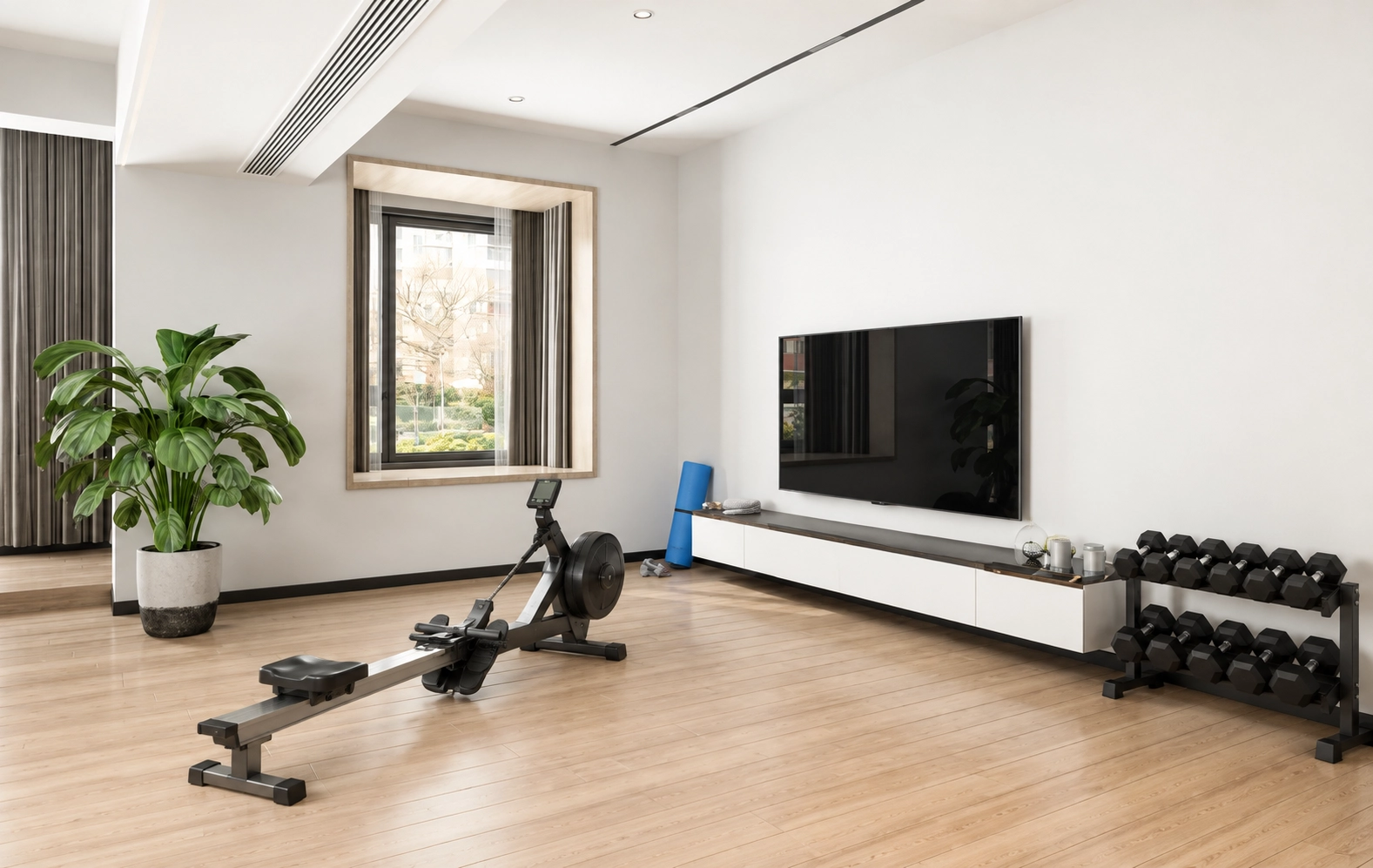 Modern living room gym design with rowing machine, dumbbell rack, and minimalist decor blending fitness and home style