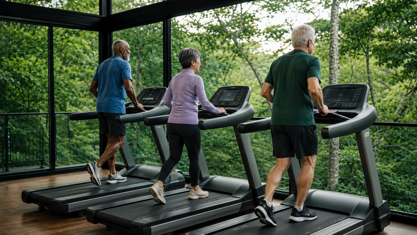 Three seniors running on treadmills in a bright gym room with large windows and forest views for safe, accessible cardio