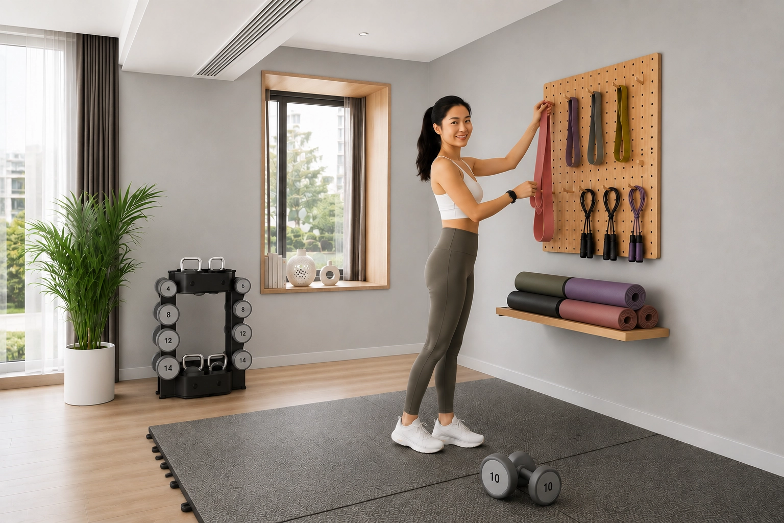 Woman organizing resistance bands on wall-mounted pegboard storage in small home gym