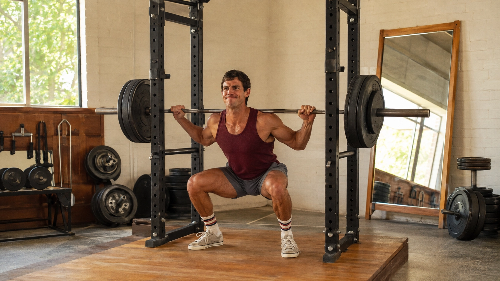 Man performing a barbell squat in a vintage-style gym with cast iron weights, wooden racks, and retro mirrors