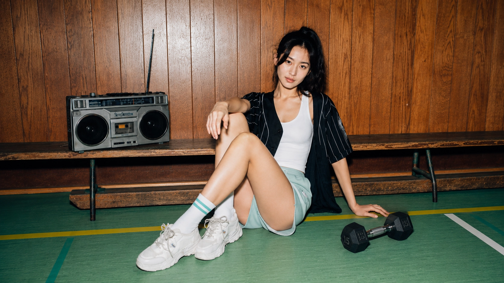 Woman posing in a vintage-style gym room with retro wood paneling, boombox, and dumbbells for aesthetic home gym design